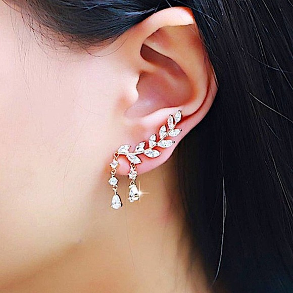 Gold Zircon Leaf Tassel Ear Climber Crystal Rhinestone Earrings - Picture 3 of 10